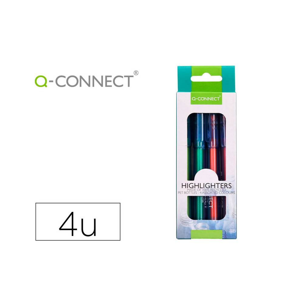 Rotulador q-connect fluorescente punta biselada fabricado pet reciclado caja de 4 unidades colores surtidos