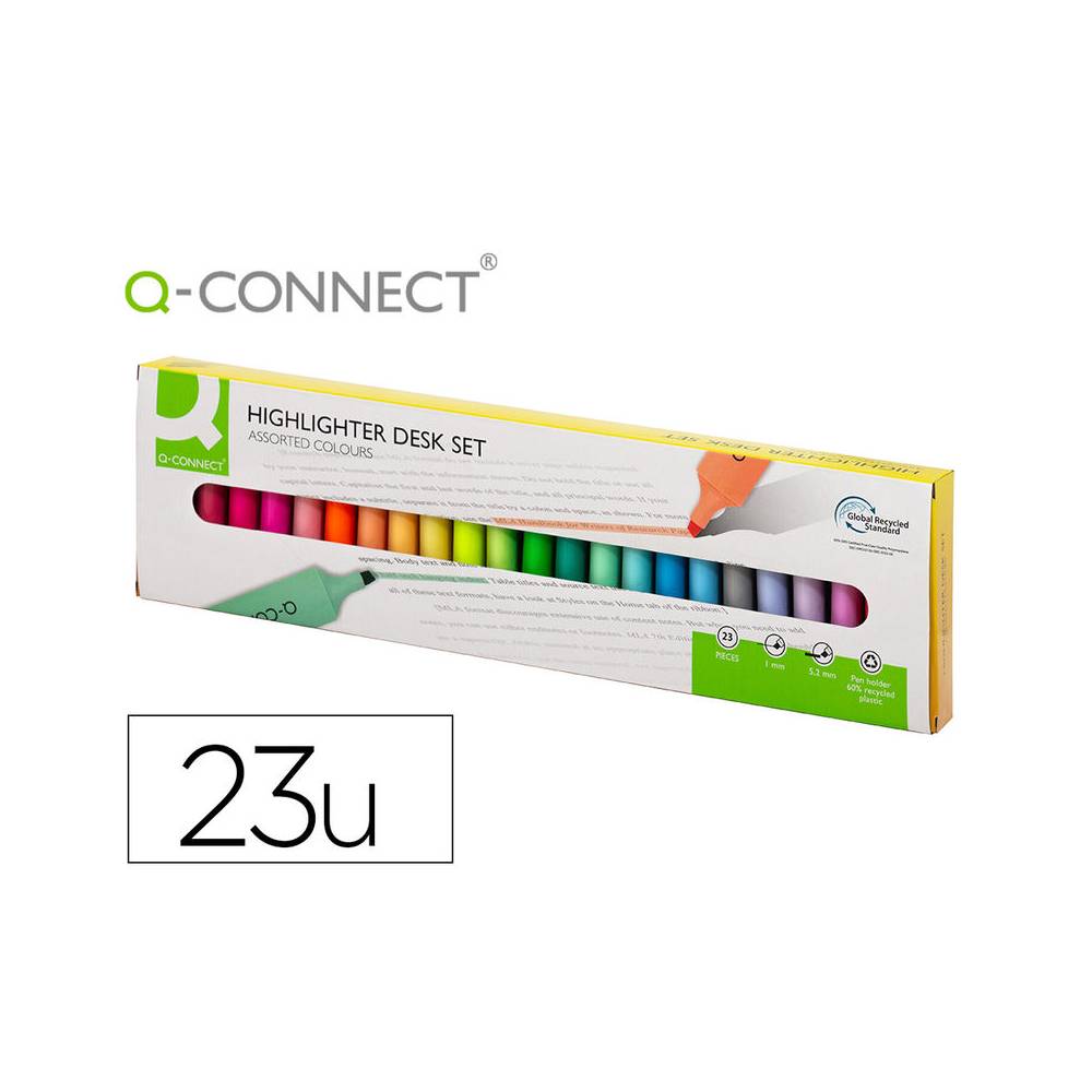 Rotulador q-connect fluorescente punta biselada estuche de sobremesa 23 unidades colores surtidos