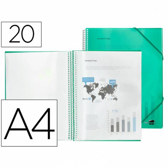 Carpeta liderpapel escaparate con espiral 20 fundas polipropileno din a4 verde