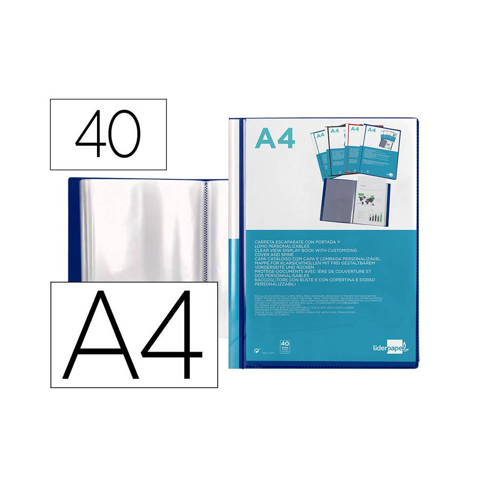 Carpeta liderpapel personaliza 37732 40 fundas canguro polipropileno din a4 azul portada y lomo personalizable