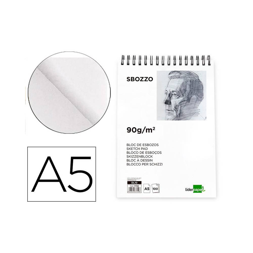 Bloc dibujo liderpapel esbozos espiral a5 148x210 mm 100 hojas 90gr/m2 sin recuadro