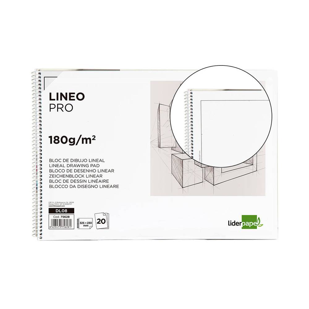 Bloc dibujo liderpapel lineal espiral 230x325mm 20 hojas 180 gr/m2 con recuadro perforado