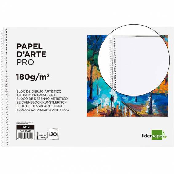 Bloc dibujo liderpapel artistico espiral 230x325mm 20 hojas 180g/m2 sin recuadro perforado