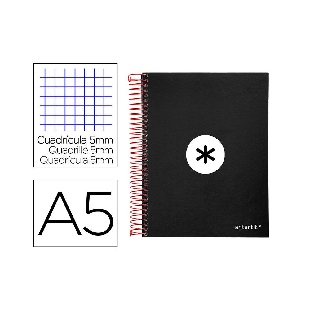 Cuaderno espiral liderpapel a5 micro antartik tapa forrada120h 90 gr cuadro 5mm 5 bandas6 taladros color negro