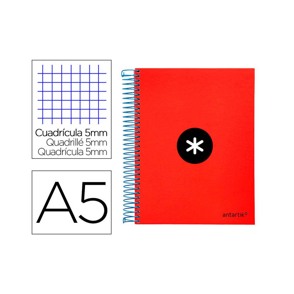 Cuaderno espiral liderpapel a5 micro antartik tapa forrada120h 90 gr cuadro 5mm 5 bandas6 taladros color rojo