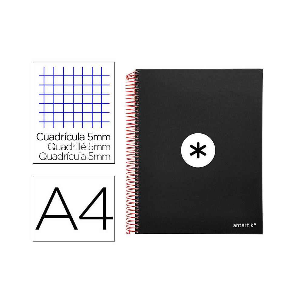 Cuaderno espiral liderpapel a4 micro antartik tapa forrada120h 100 gr cuadro 5mm 5 bandas 4 taladros color negro