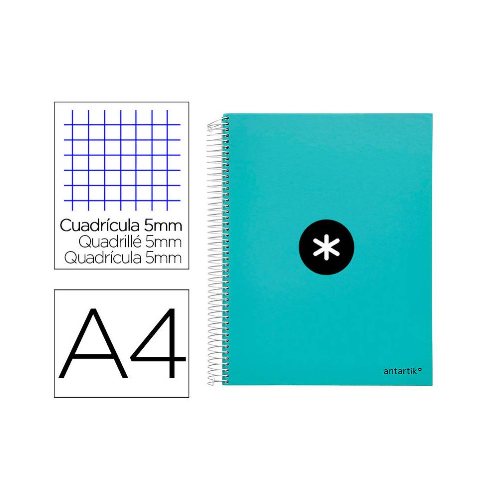 Cuaderno espiral liderpapel a4 micro antartik tapa forrada120h 100 gr cuadro 5mm 5 banda4 taladros color menta