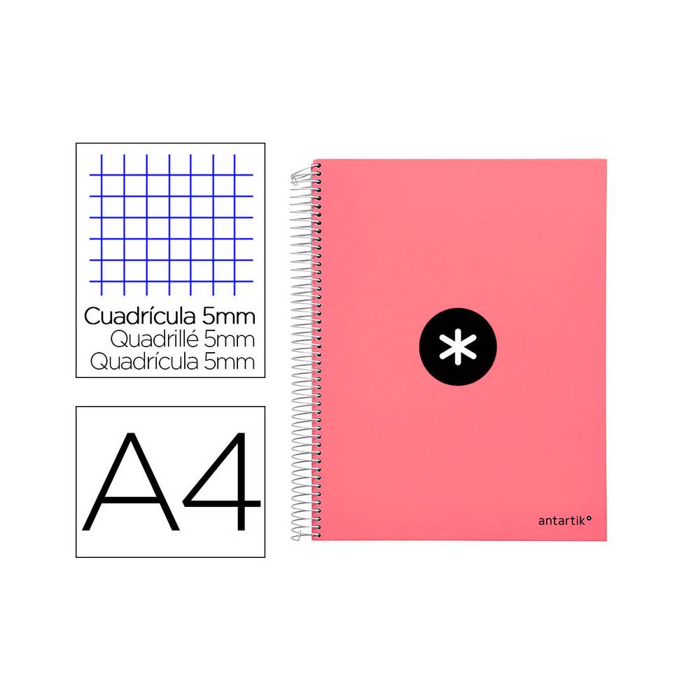 Cuaderno espiral liderpapel a4 micro antartik tapa forrada120h 100 gr cuadro 5mm 5 banda4 taladros color coral