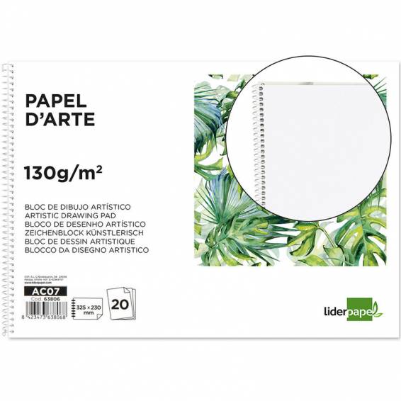 Bloc dibujo liderpapel artistico espiral 230x325mm 20 hojas 130g/m2 sin recuadro sin microperforado