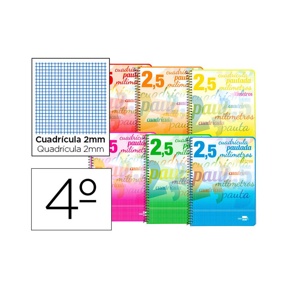 Cuaderno espiral liderpapel cuarto pautaguia tapa blanda 40h 75 gr cuadro pautado 2,5mmcon margen colores surtidos