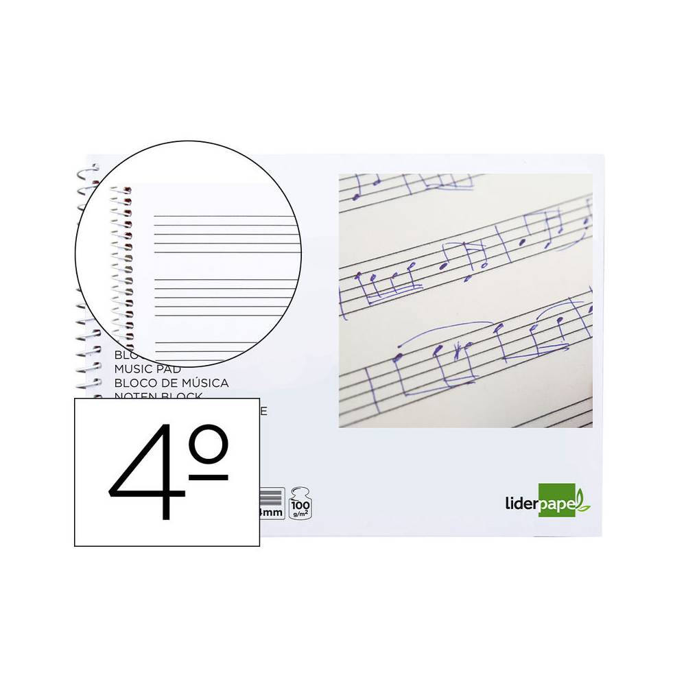 Bloc musica liderpapel pentagrama 4mm cuarto 20 hojas 100g/m2