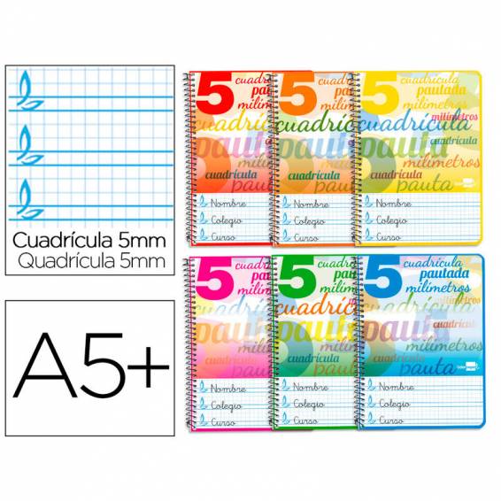 Cuaderno espiral liderpapel cuarto pautaguia tapa blanda 40h 75 gr cuadro pautado 5mm colores surtidos