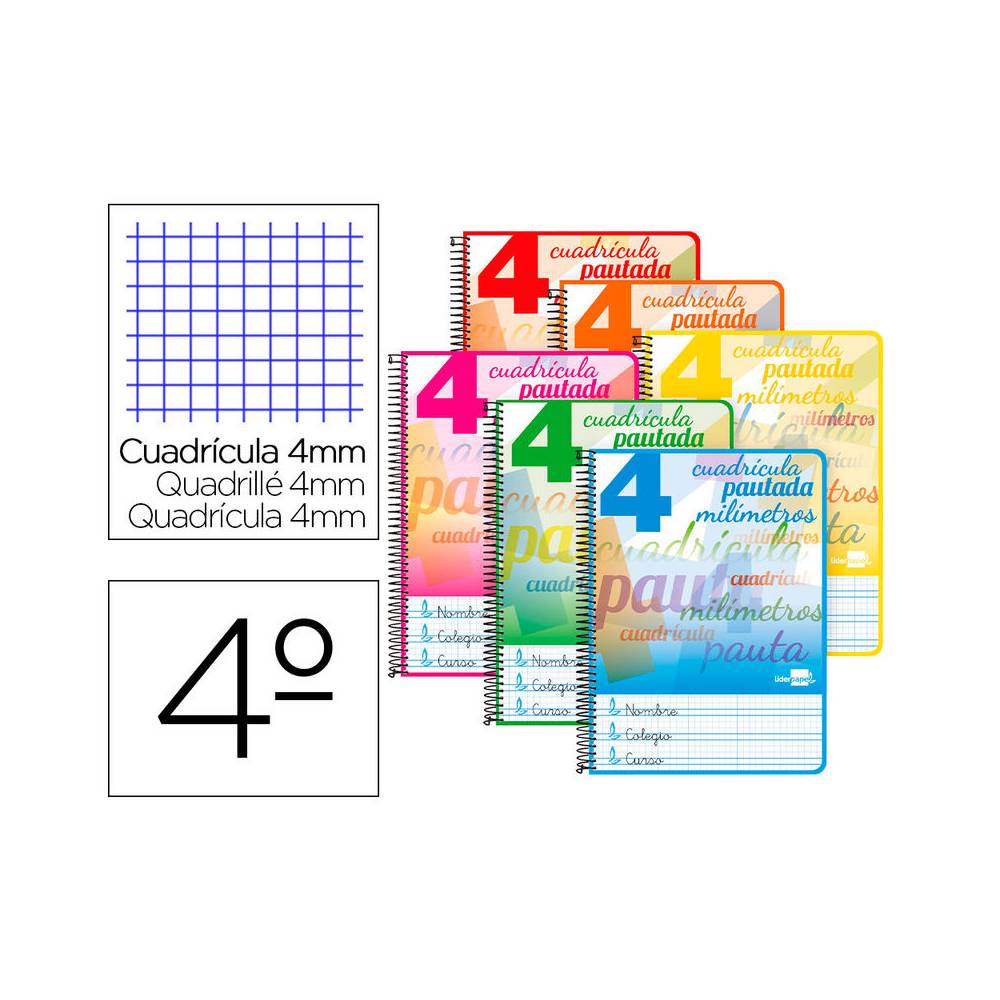 Cuaderno espiral liderpapel cuarto pautaguia tapa blanda 40h 75 gr cuadro pautado 4mm colores surtidos