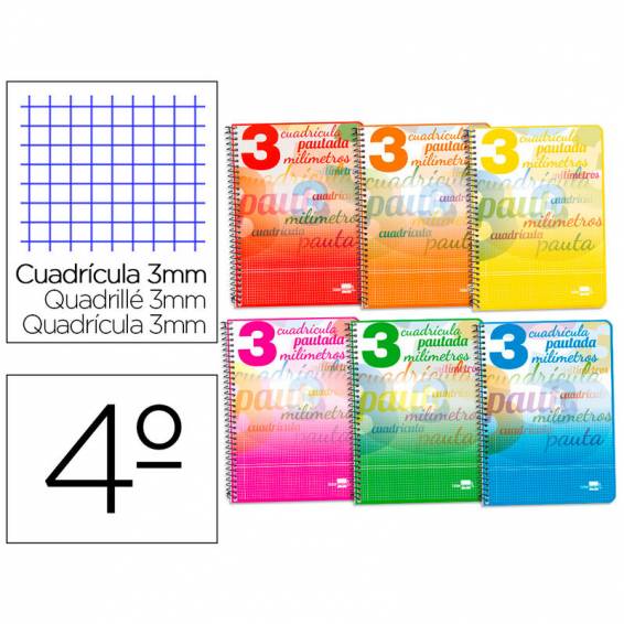 Cuaderno espiral liderpapel cuarto pautaguia tapa blanda 40h 75 gr cuadro pautado 3 mm con margen colores surtidos