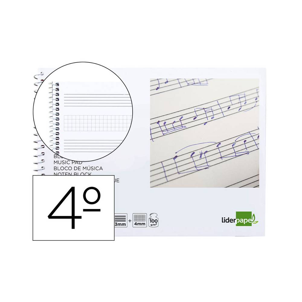 Bloc musica liderpapel combi pentagrama 3mm mas cuadricula de 4mm para anotaciones cuarto20 hojas 100g/m2