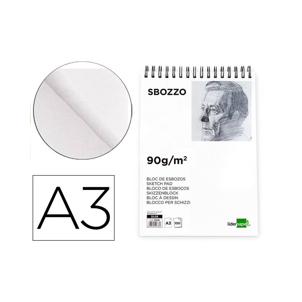 Bloc dibujo liderpapel esbozos espiral a3 297x420mm 100 hojas 90gr/m2 sin recuadro