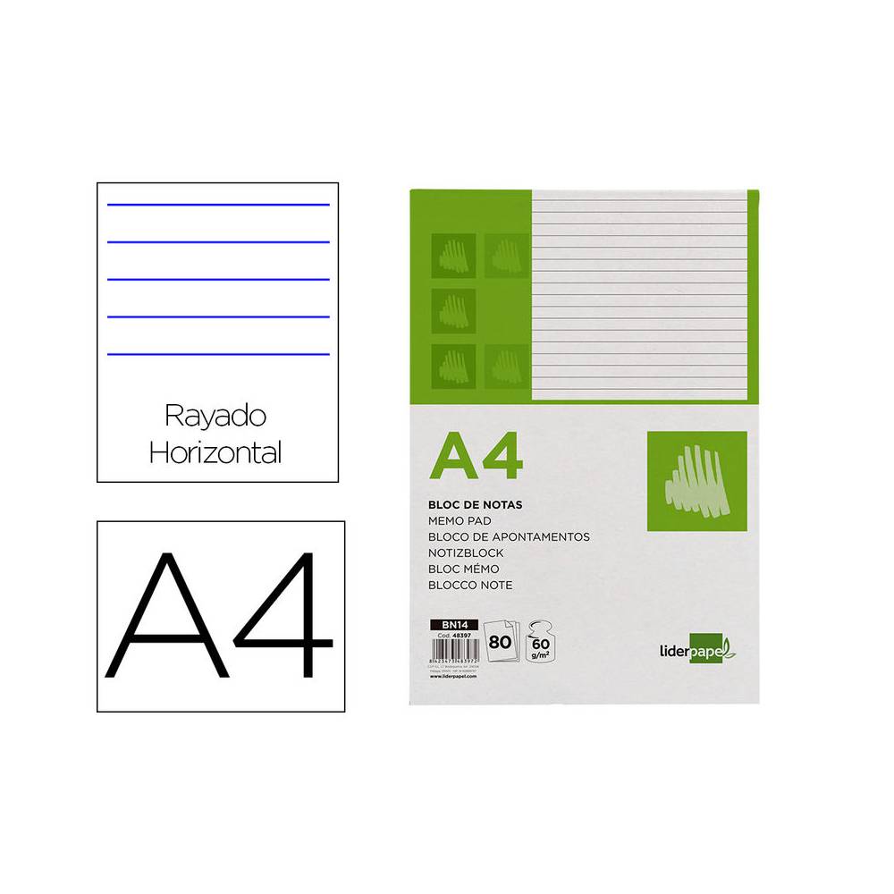 Bloc notas liderpapel horizontal a4 80 hojas 60g/m2