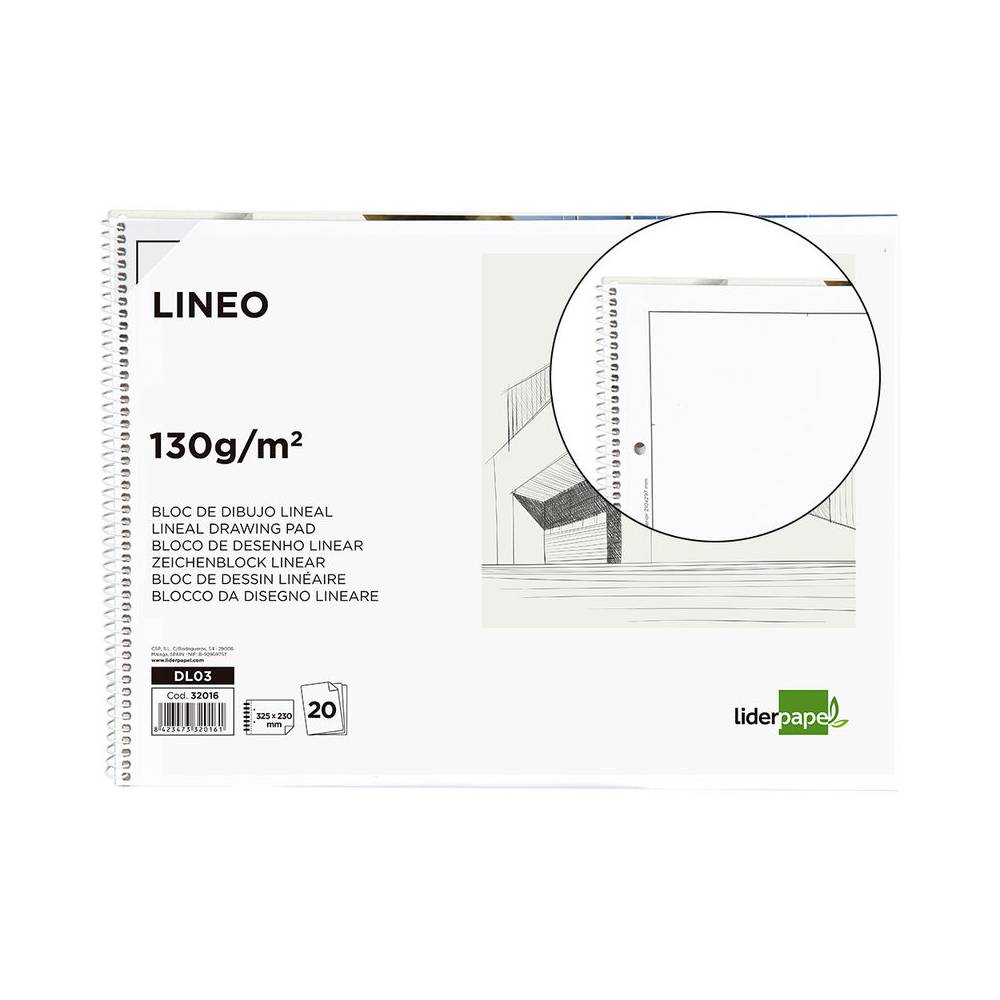 Bloc dibujo liderpapel lineal espiral 230x325mm 20 hojas 130gr/m2 con recuadro 2 taladros perforado