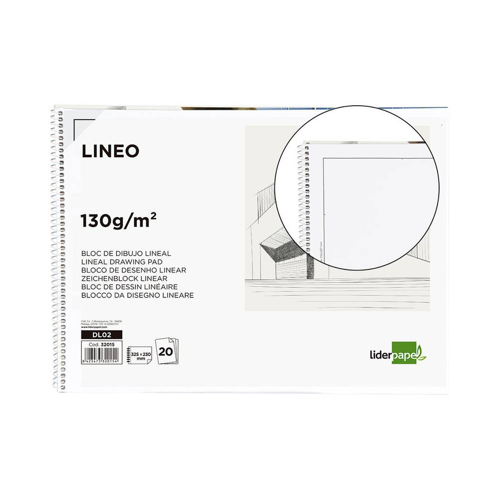 Bloc dibujo liderpapel lineal espiral 230x325mm 20 hojas 130 gr/m2 con recuadro perforado