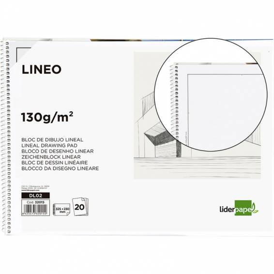 Bloc dibujo liderpapel lineal espiral 230x325mm 20 hojas 130 gr/m2 con recuadro perforado