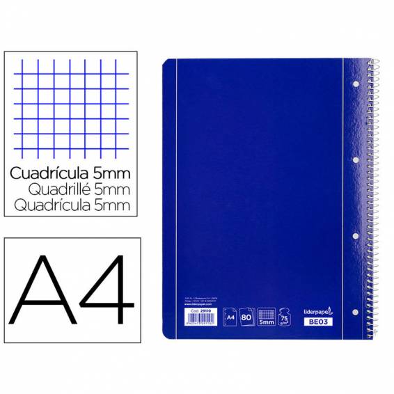 Cuaderno espiral liderpapel a4 micro serie azul tapa blanda 80h 80 gr cuadro5mm con margen 4 taladros azul