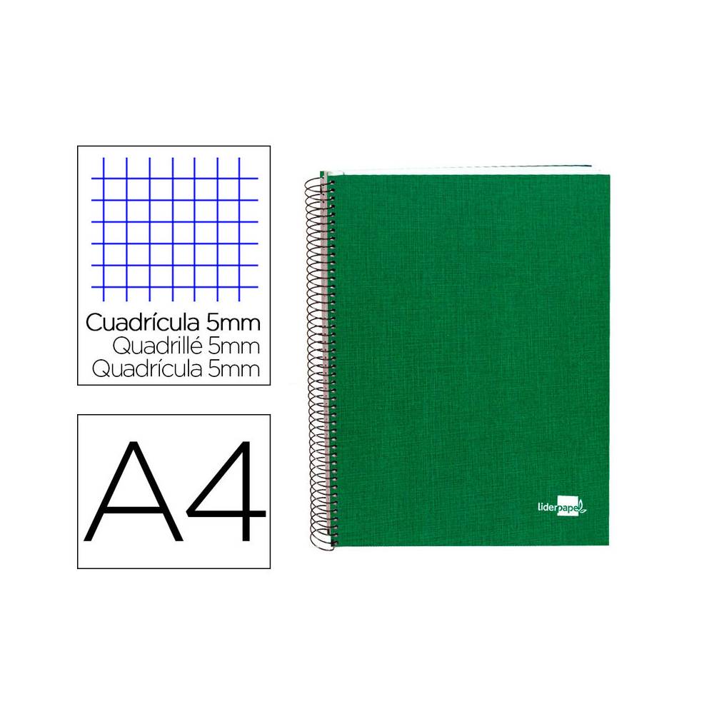 Cuaderno espiral liderpapel a4 micro papercoat tapa forrada 140h 75 gr cuadro5mm 5 bandas 4 taladros verde