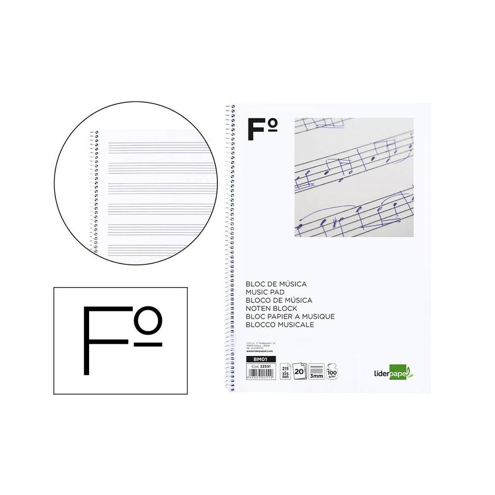 Bloc musica liderpapel pentagrama 3mm folio 20 hojas 100g/m2