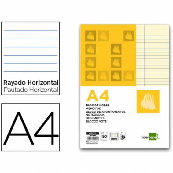 Bloc notas liderpapel horizontal a4 50 hojas amarillas 60g/m2 encolado