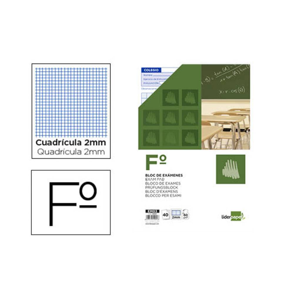 Bloc examenes liderpapel cuadro 2mm folio 40 hojas 60g/m2