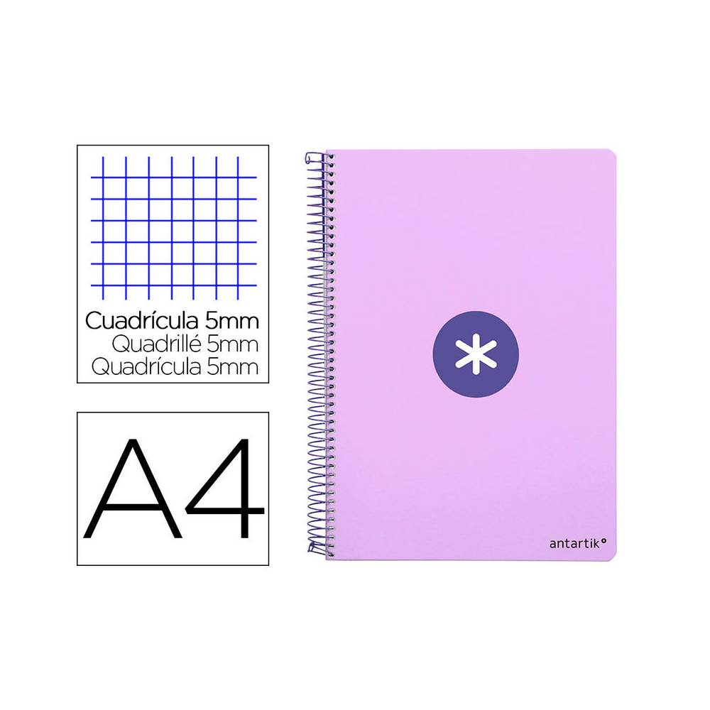 Cuaderno espiral liderpapel a4 micro antartik tapa dura 80h 100 gr cuadro 5 mm sin bandas 4 taladros color lavanda