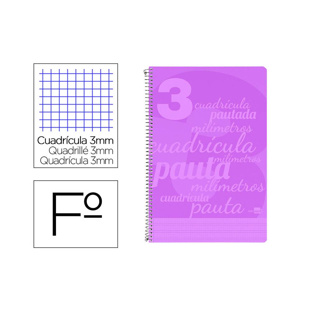 Cuaderno espiral liderpapel folio pautaguia tapa plastico 80h 75gr cuadro pautado 3mm con margen color violeta