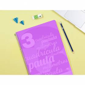 Cuaderno espiral liderpapel folio pautaguia tapa plastico 80h 75gr cuadro pautado 3mm con margen color violeta