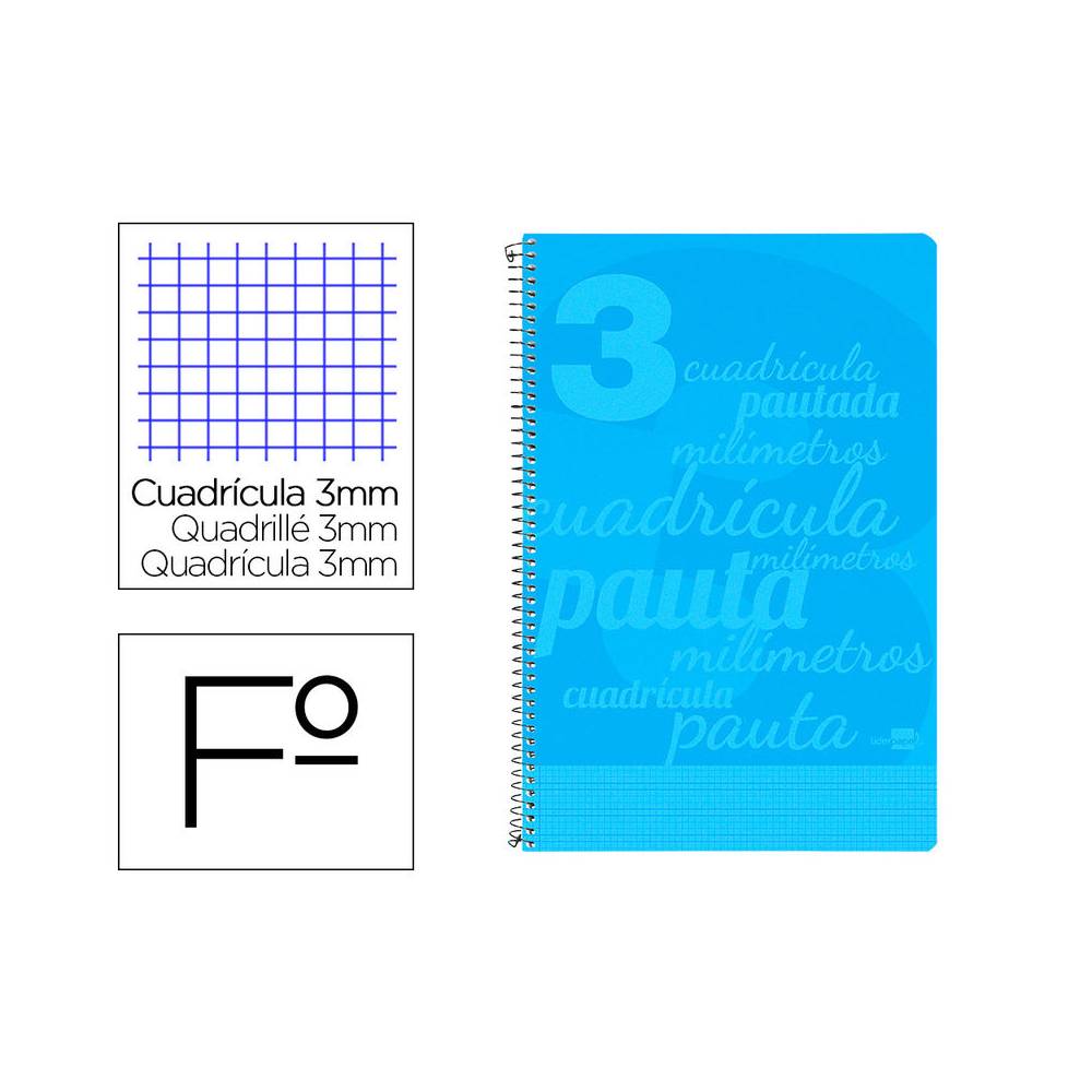 Cuaderno espiral liderpapel folio pautaguia tapa plastico 80h 75gr cuadro pautado 3mm con margen color azul