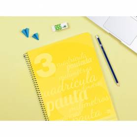 Cuaderno espiral liderpapel folio pautaguia tapa plastico 80h 75gr cuadro pautado 3mm con margen color amarillo