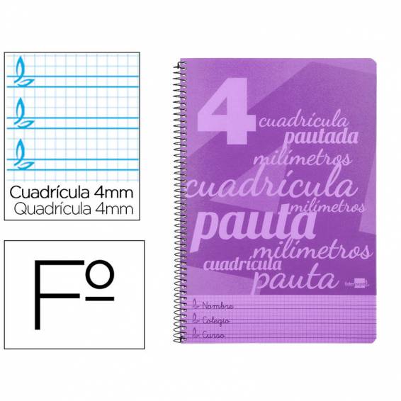 Cuaderno espiral liderpapel folio pautaguia tapa plastico 80h 75gr cuadro pautado 4mm con margen color violeta