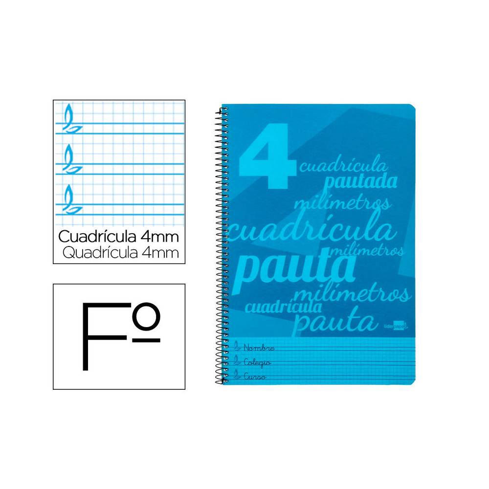 Cuaderno espiral liderpapel folio pautaguia tapa plastico 80h 75gr cuadro pautado 4mm con margen color azul