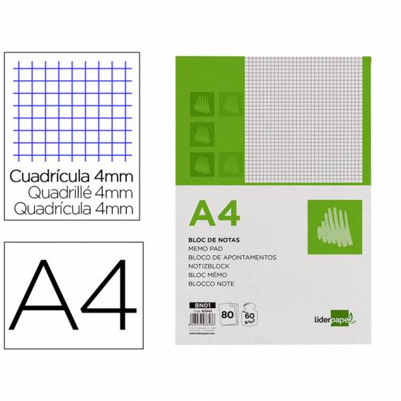 Bloc notas liderpapel cuadro 4mm a4 80 hojas 60g/m2 perforado