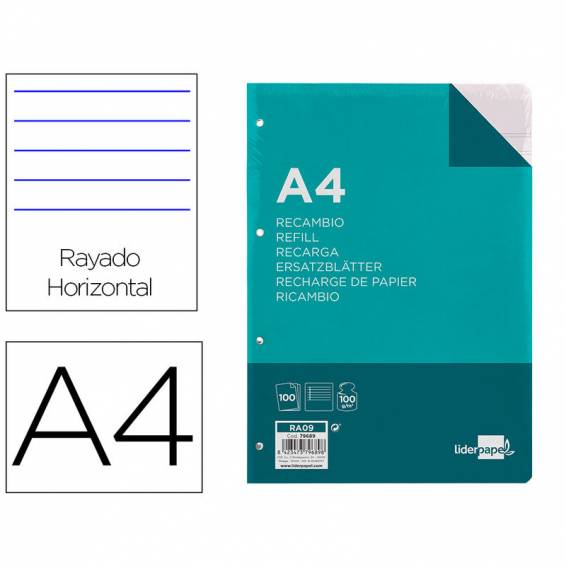 Recambio liderpapel a4 100 hojas 100 g/m2 rayado horizontal con margen 4 taladros