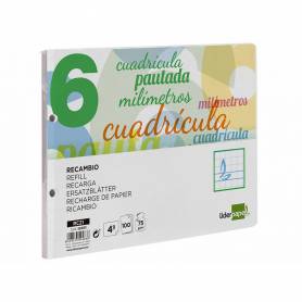 Recambio liderpapel cuarto apaisado pautaguia 100 hojas 75 g cuadriculado pautado 6 mm con margen 2 taladros