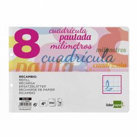 Recambio liderpapel cuarto apaisado pautaguia 100 hojas 75 g cuadriculado pautado 8 mm con margen 2 taladros