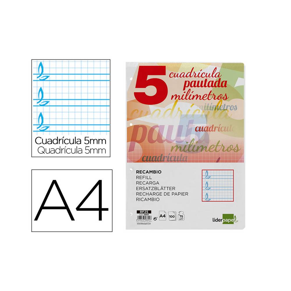 Recambio liderpapel a4 pautaguia 100 hojas 75 g cuadriculado pautado 5 mm con margen 4 taladros