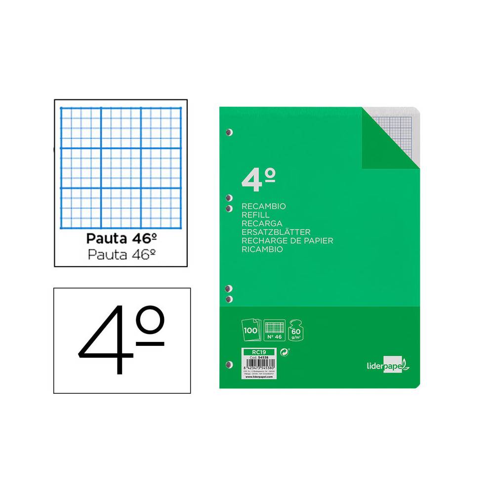 Recambio liderpapel cuarto 100 hojas 60g/m2 rayado nº 46 6 taladros