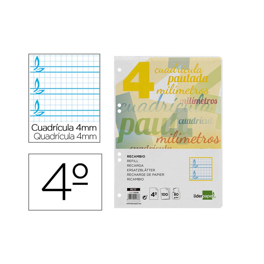 Recambio liderpapel cuarto pautaguia 100 hojas 75 g cuadriculado pautado 4 mm con margen 6 taladros