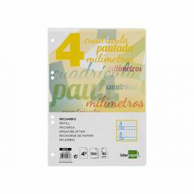 Recambio liderpapel cuarto pautaguia 100 hojas 75 g cuadriculado pautado 4 mm con margen 6 taladros