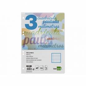 Recambio liderpapel cuarto pautaguia 100 hojas 75 g cuadriculado pautado 3 mm con margen 6 taladros