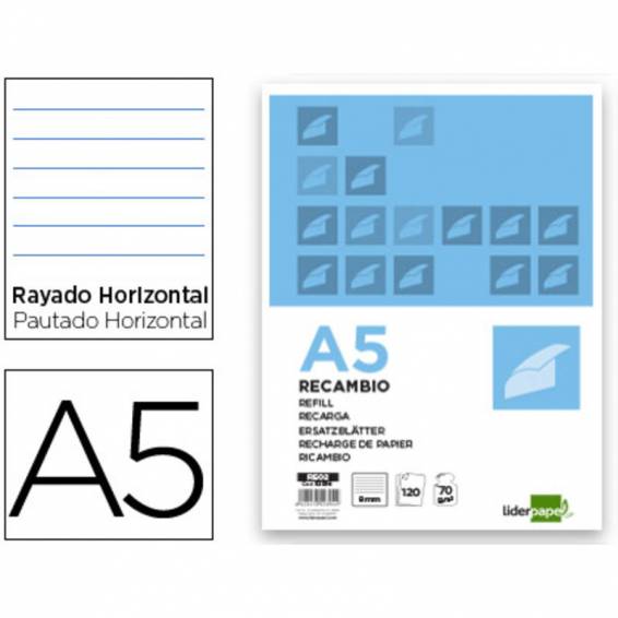 Recambio liderpapel a5 120 hojas 80g/m2 horizontal sin margen 6 taladros bandas de 5 colores