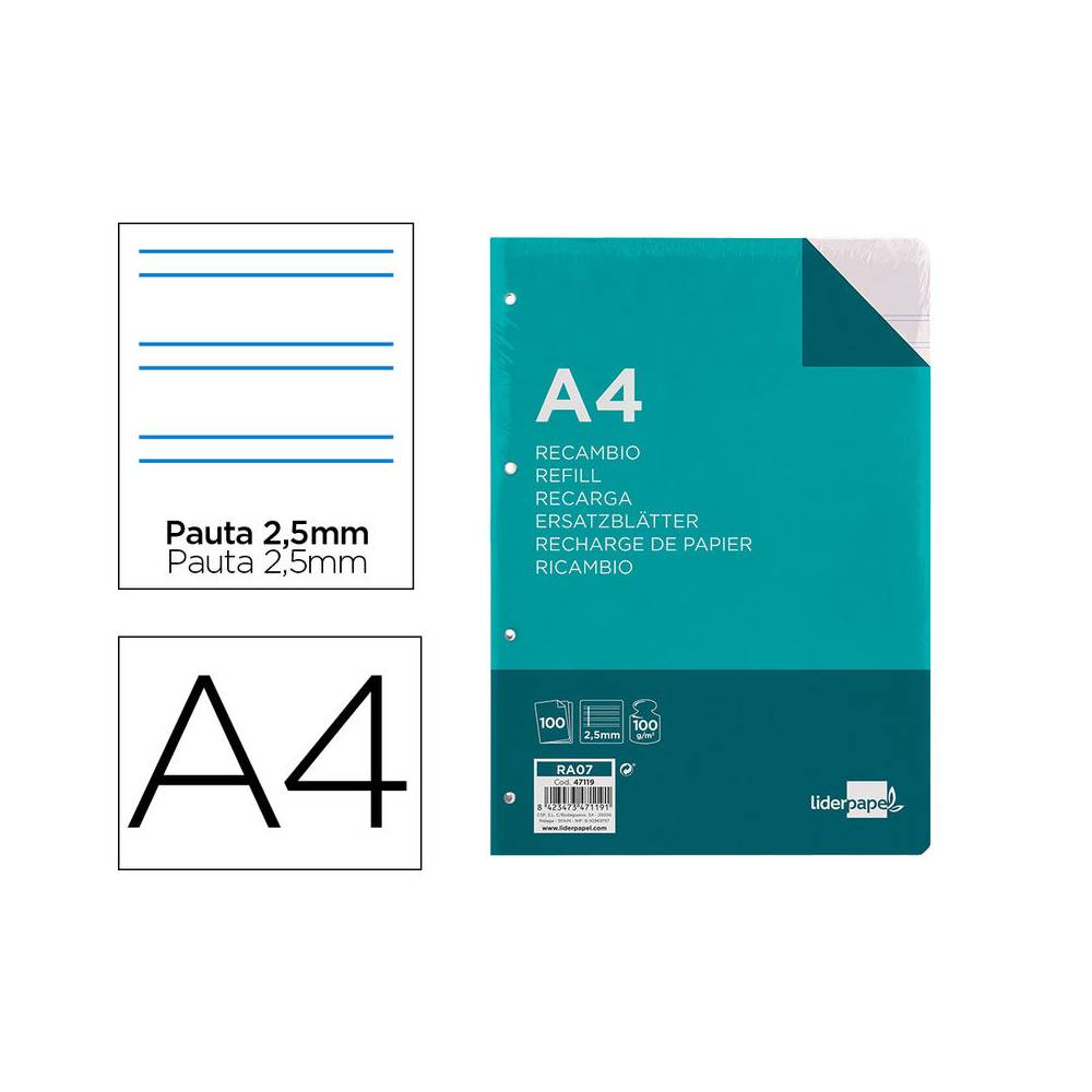 Recambio liderpapel a4 100 hojas 100g/m2 pauta 5ª 2.5mm con margen 4 taladros