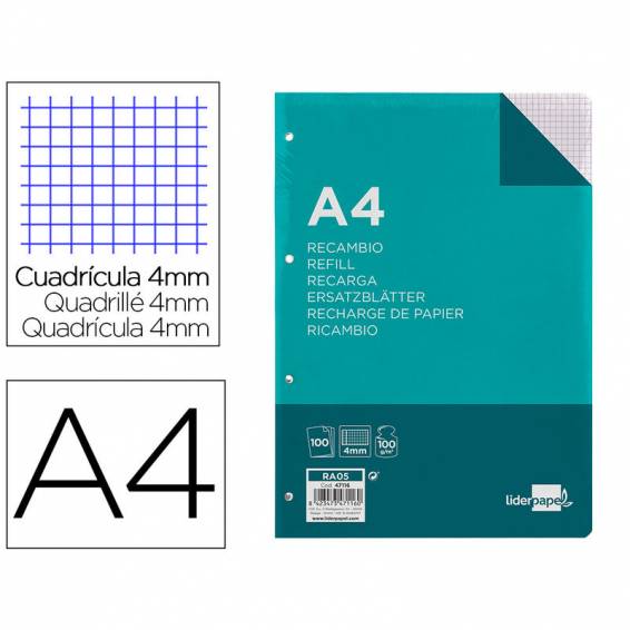 Recambio liderpapel a4 100 hojas 100g/m2 cuadro 4mm con margen 4 taladros