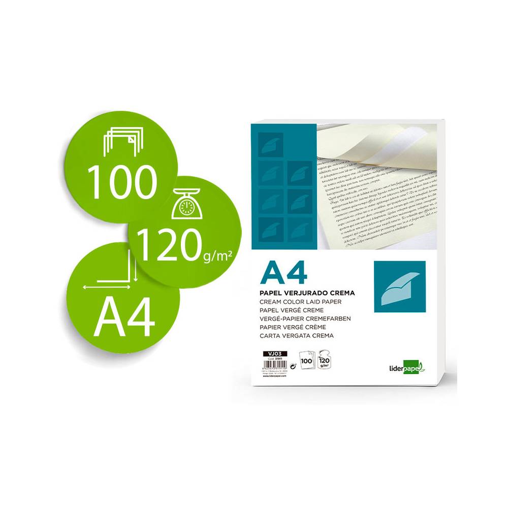 Papel verjurado liderpapel a4 120g/m2 crema paquete de 100 hojas