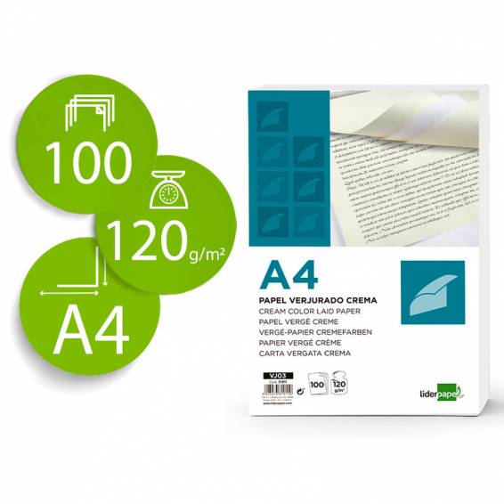 Papel verjurado liderpapel a4 120g/m2 crema paquete de 100 hojas